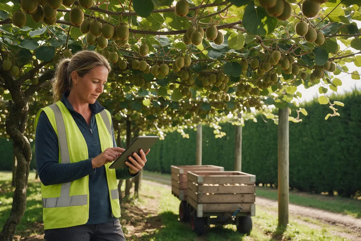 Orchard contractor checking a tablet beside a kiwifruit block in the Bay of Plenty