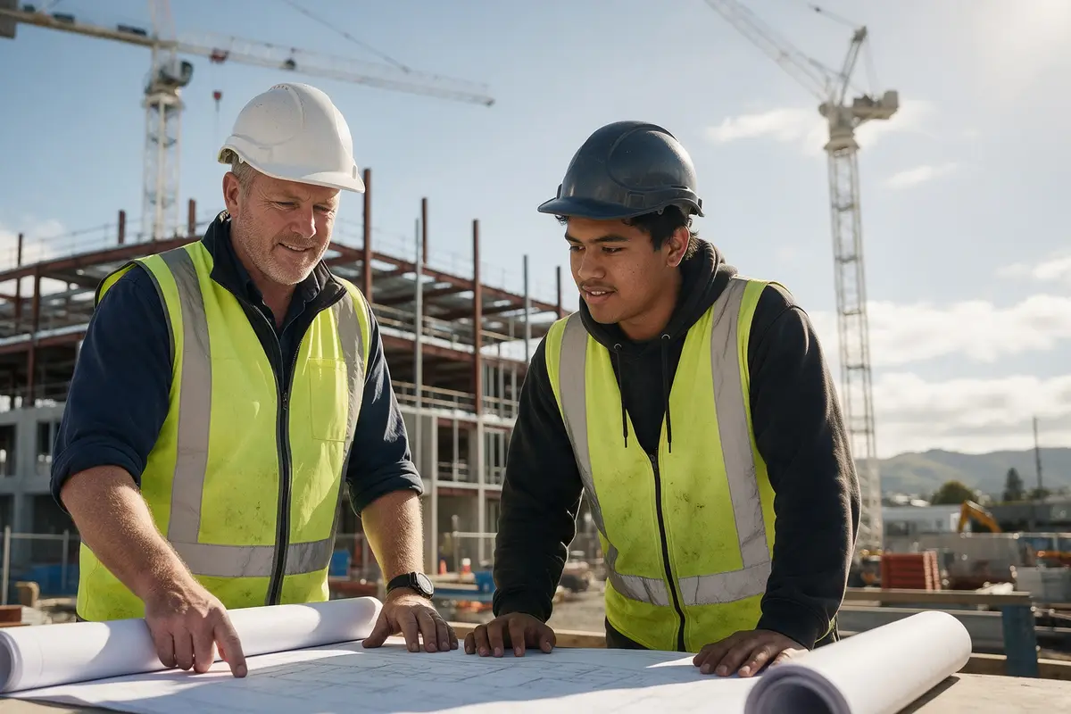 Electrical contractor and apprentice reviewing plans on a Christchurch commercial site