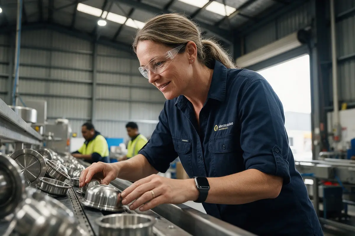 Manufacturing business owner inspecting products on a factory floor in Auckland