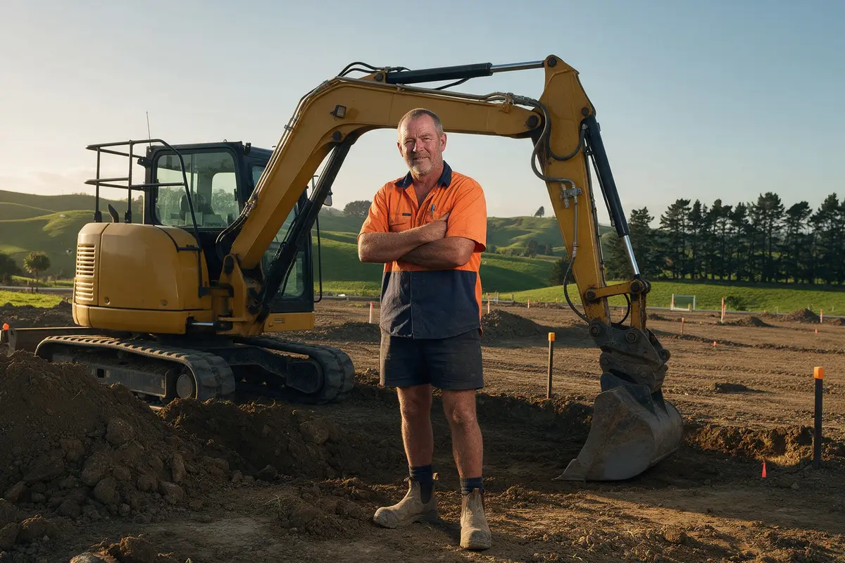Earthmoving contractor standing beside an excavator on a Waikato subdivision site