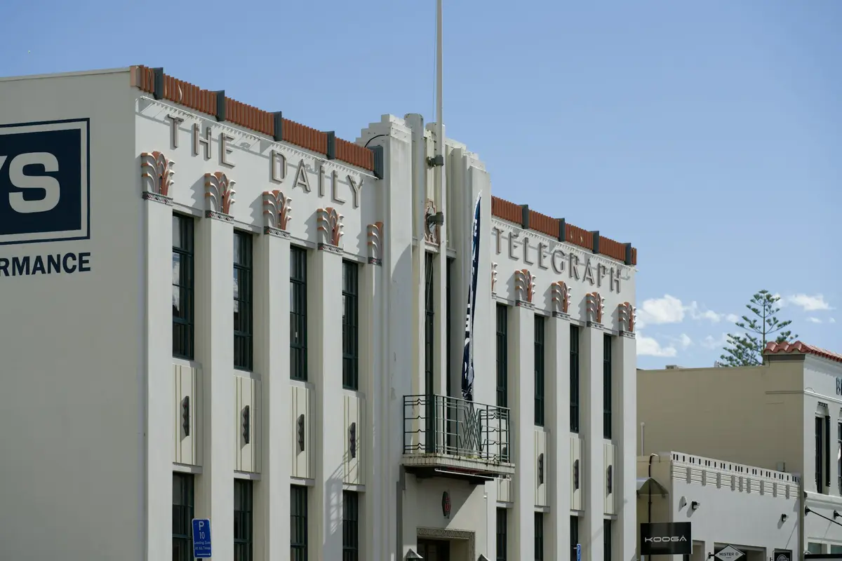 Art Deco building with a sign on its facade in Napier