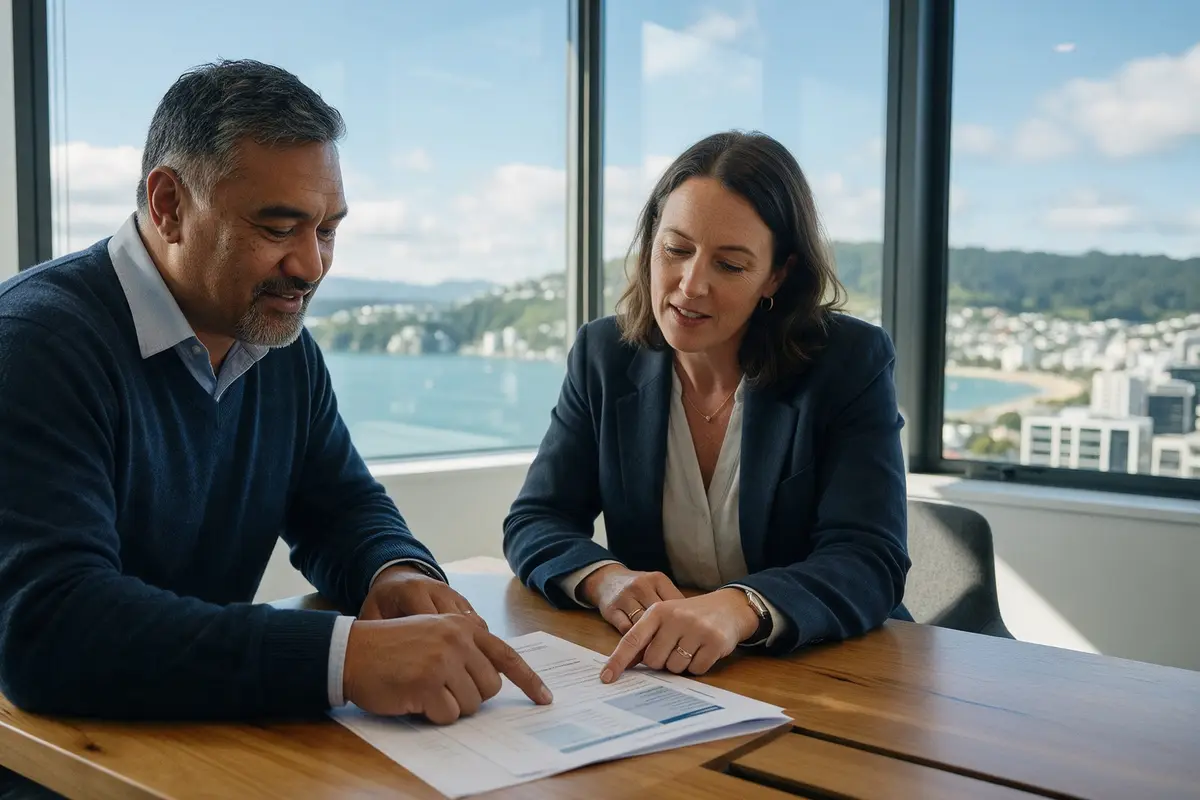 Two business directors reviewing a funding proposal in a Wellington office