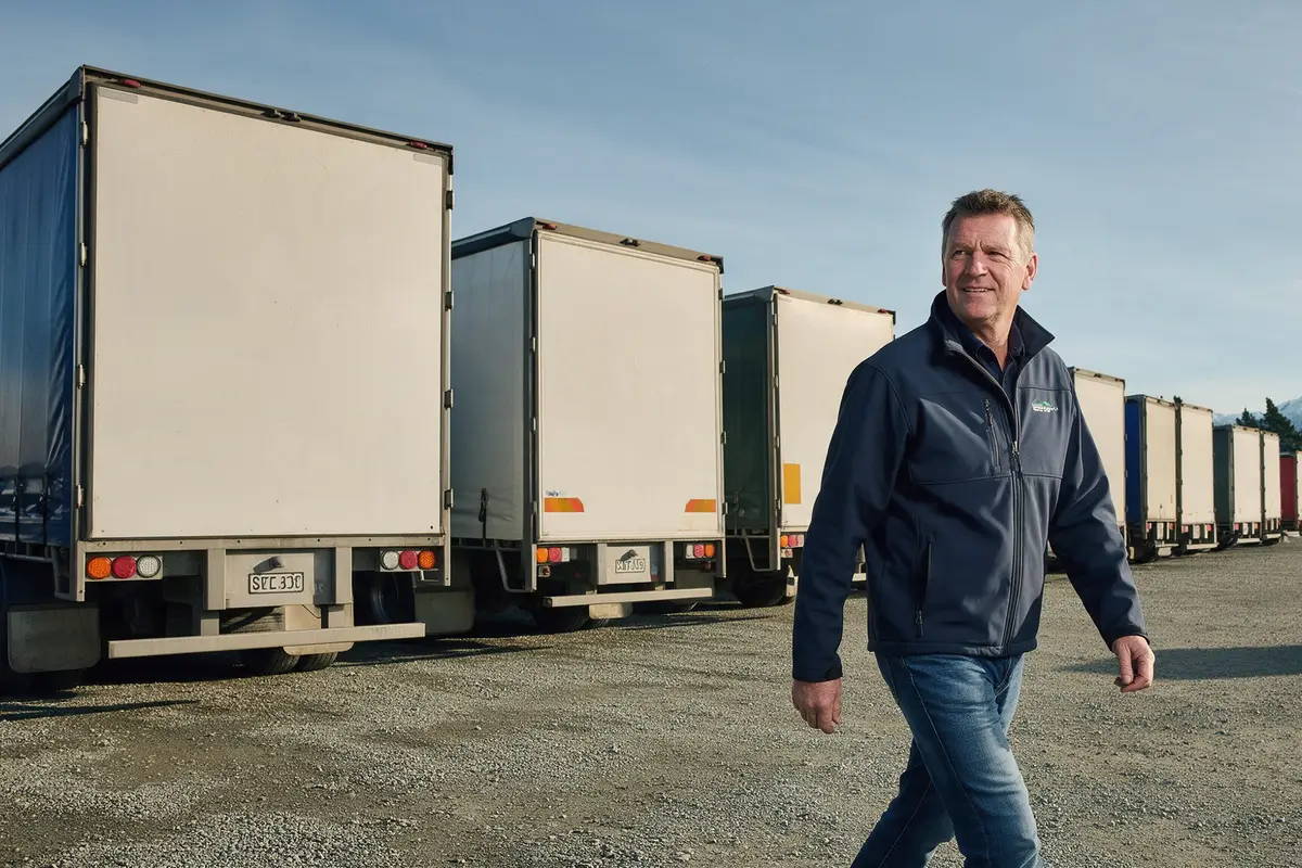 Transport company owner walking through a truck yard in Canterbury