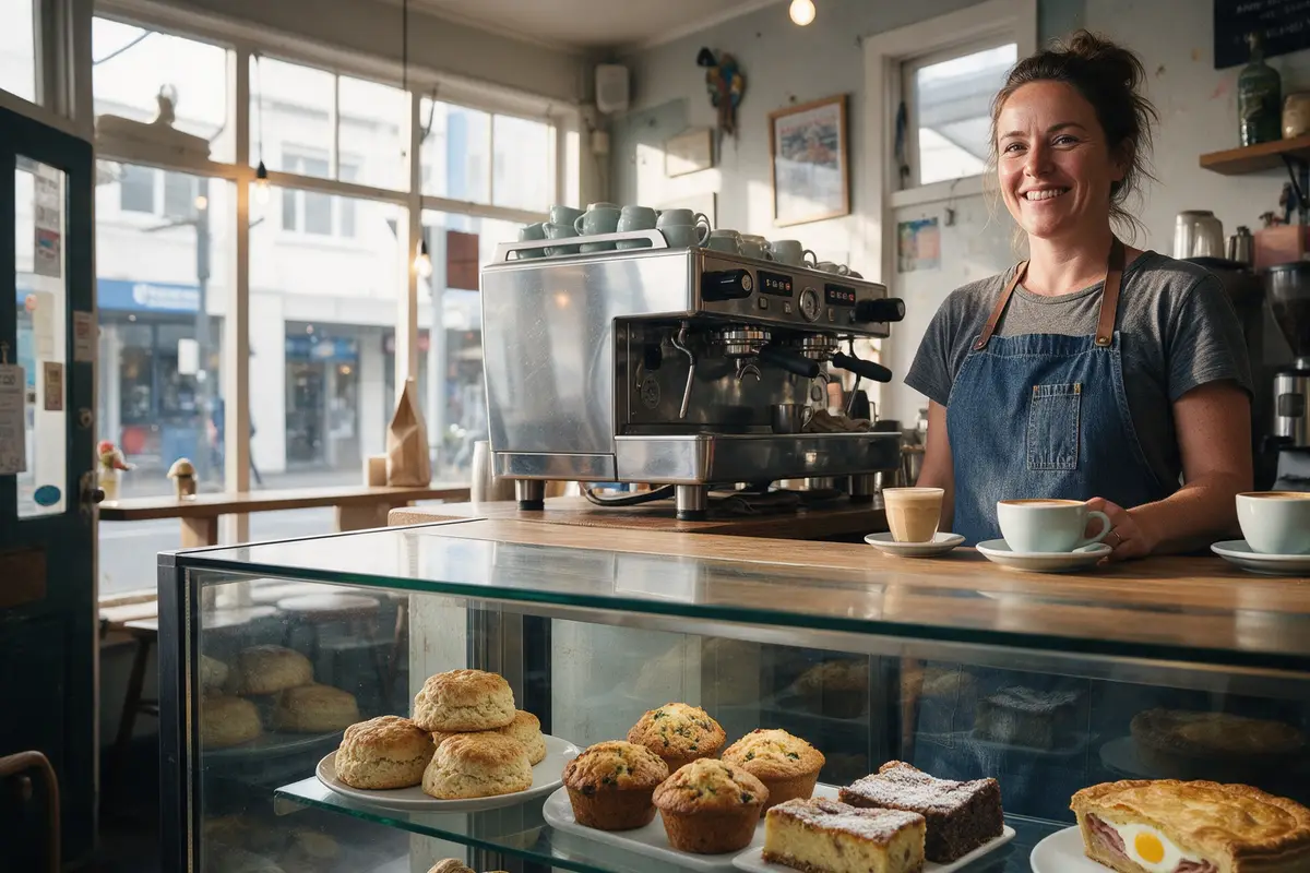 Wellington cafe owner beside a new espresso machine behind the counter