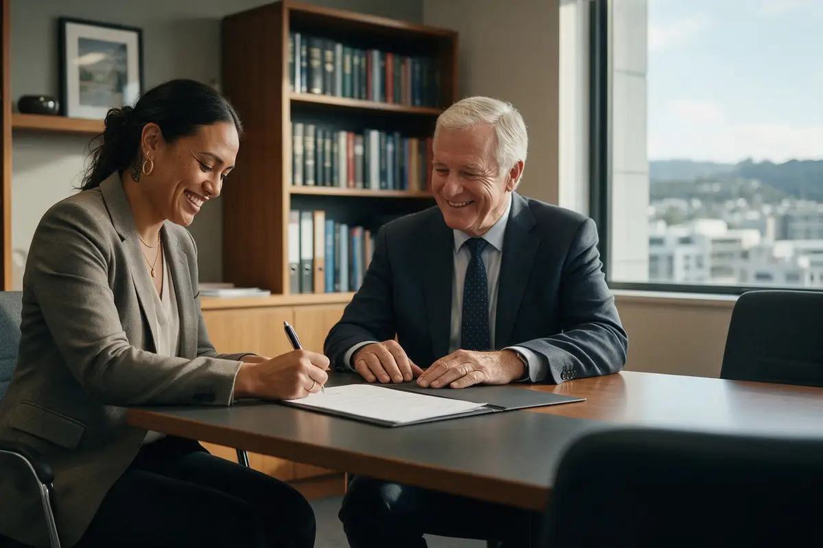 Incoming partner signing a partnership agreement in a law firm meeting room