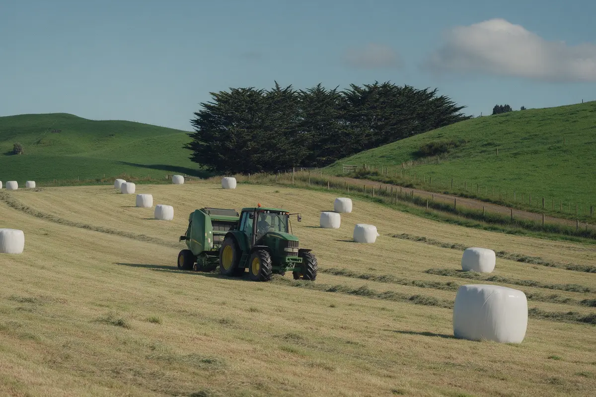 Rural contractor's tractor and baler making silage in a Waikato paddock