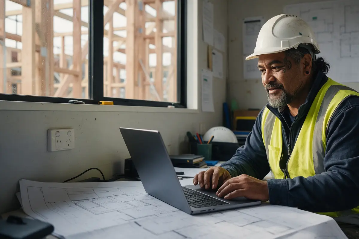 Builder applying for a business loan on a laptop in a site office