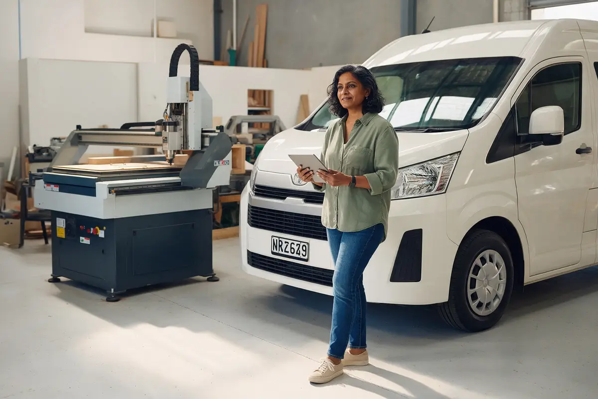 New Zealand business owner reviewing an asset finance agreement beside a new commercial van and workshop equipment