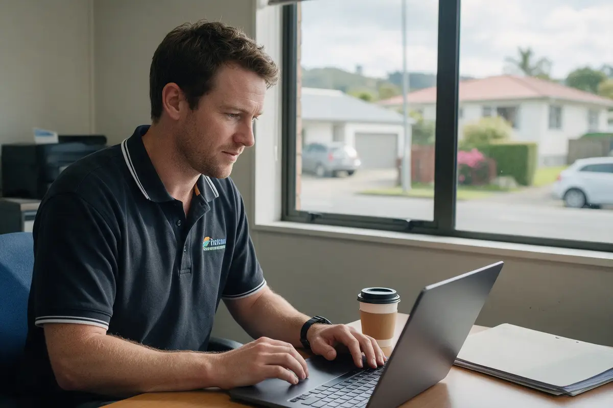 Business owner checking a PPSR search result on a laptop before buying second-hand equipment