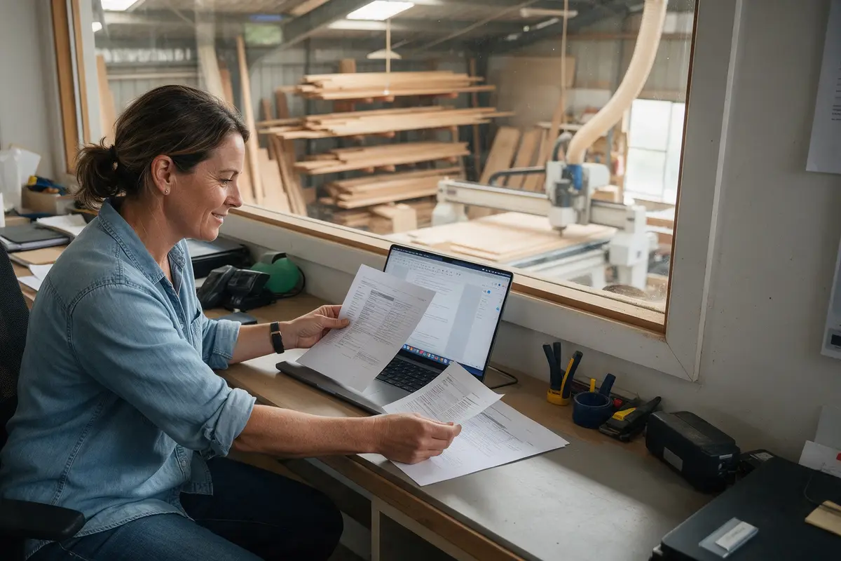 Business owner comparing two finance options on a laptop in a New Zealand workshop office