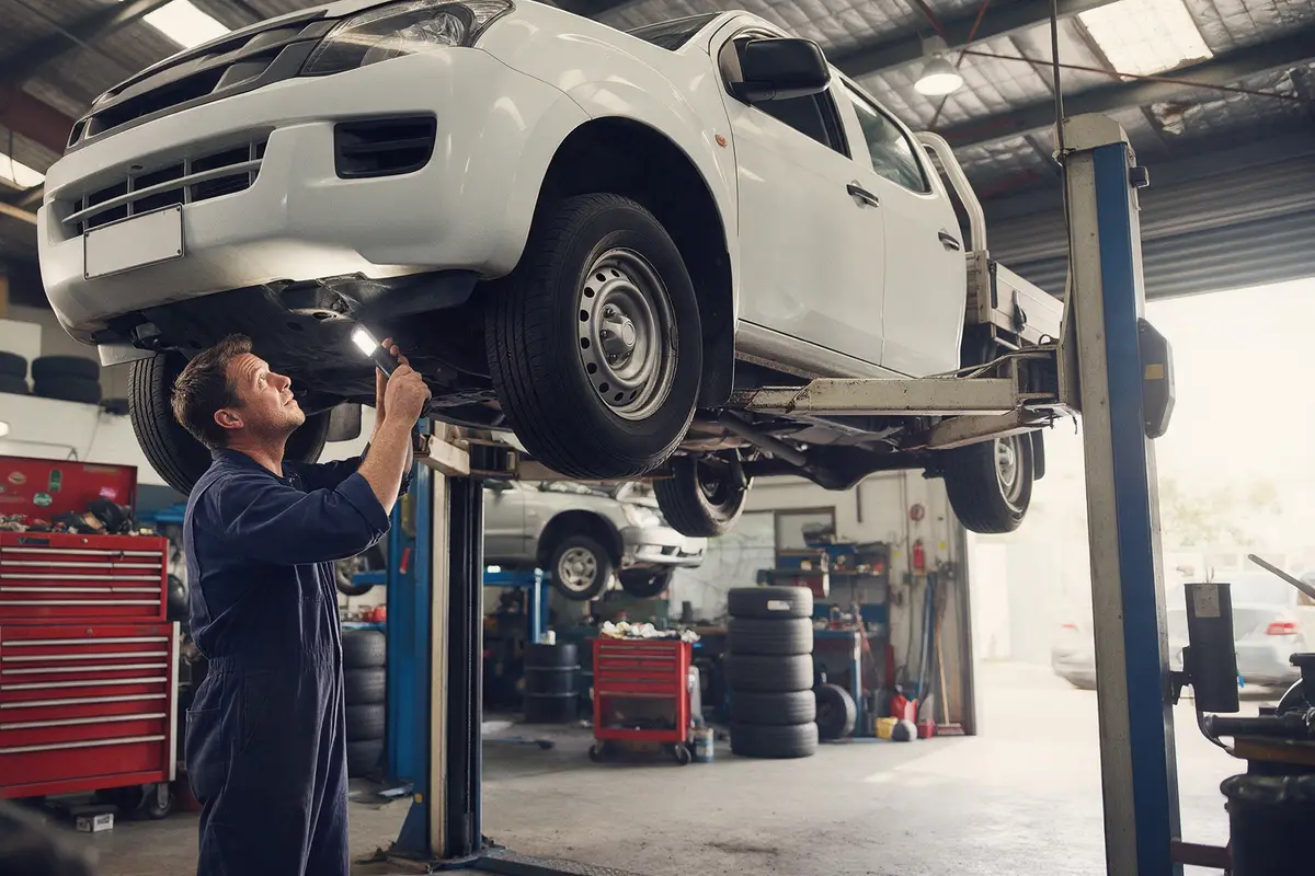 Mechanic working under a ute raised on a two-post hoist in a New Zealand workshop