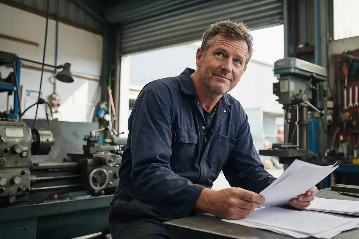 Christchurch engineering workshop owner reviewing paperwork at his bench