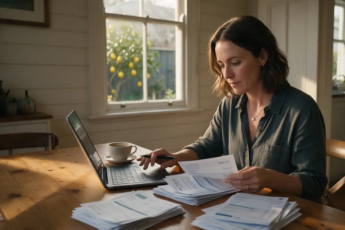 New Zealand business owner at a kitchen table sorting bank statements and a laptop before applying for finance