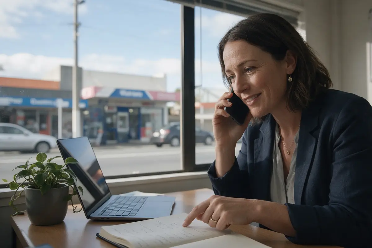 Business owner on a phone call discussing non-bank finance options at her desk