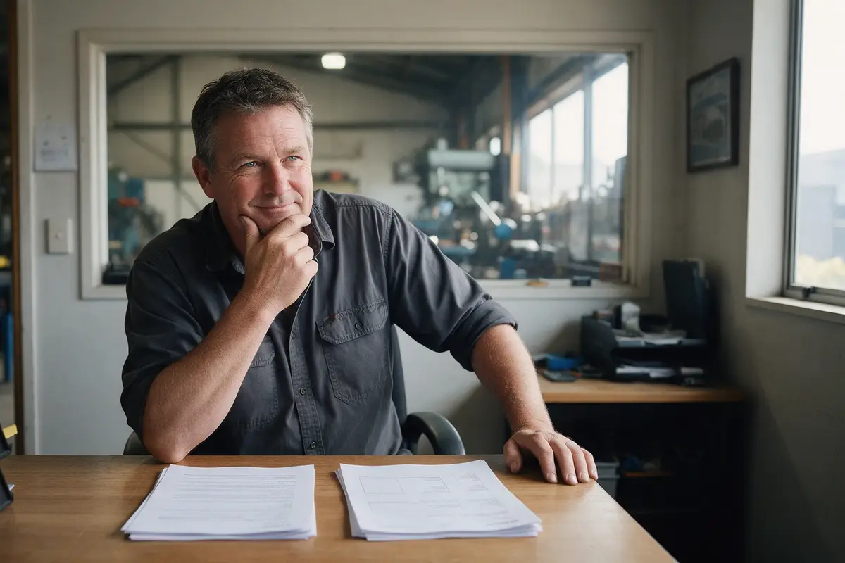 Business owner weighing two loan offers at his desk in a Christchurch workshop office