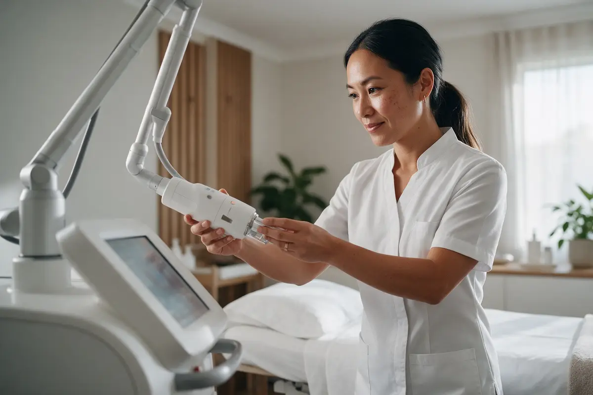 Skin therapist preparing a laser device in a calm treatment room