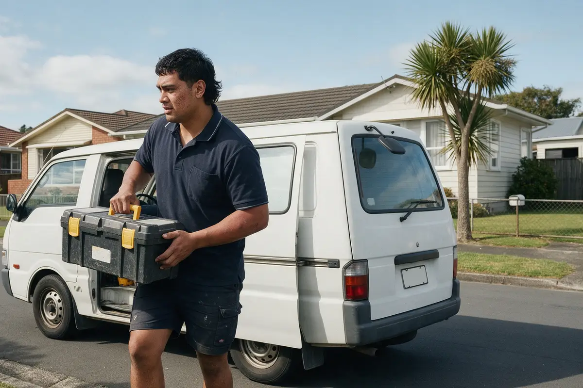 Plumber loading tools into a work van outside a house in Hamilton
