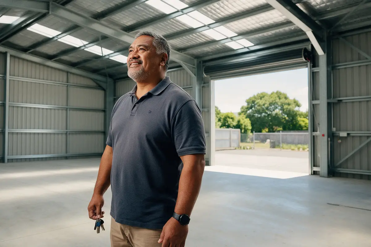 Business owner standing in an empty industrial unit he is buying in Hamilton