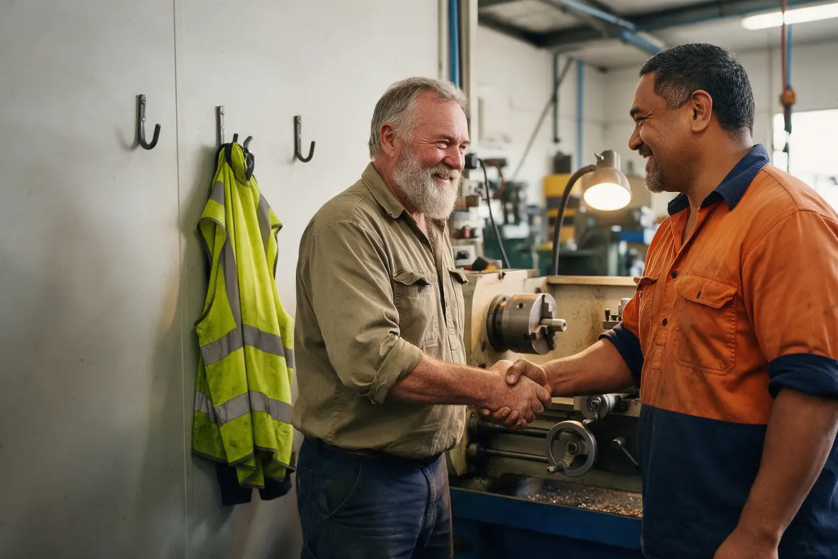 Buyer and retiring owner shaking hands on the floor of an engineering workshop