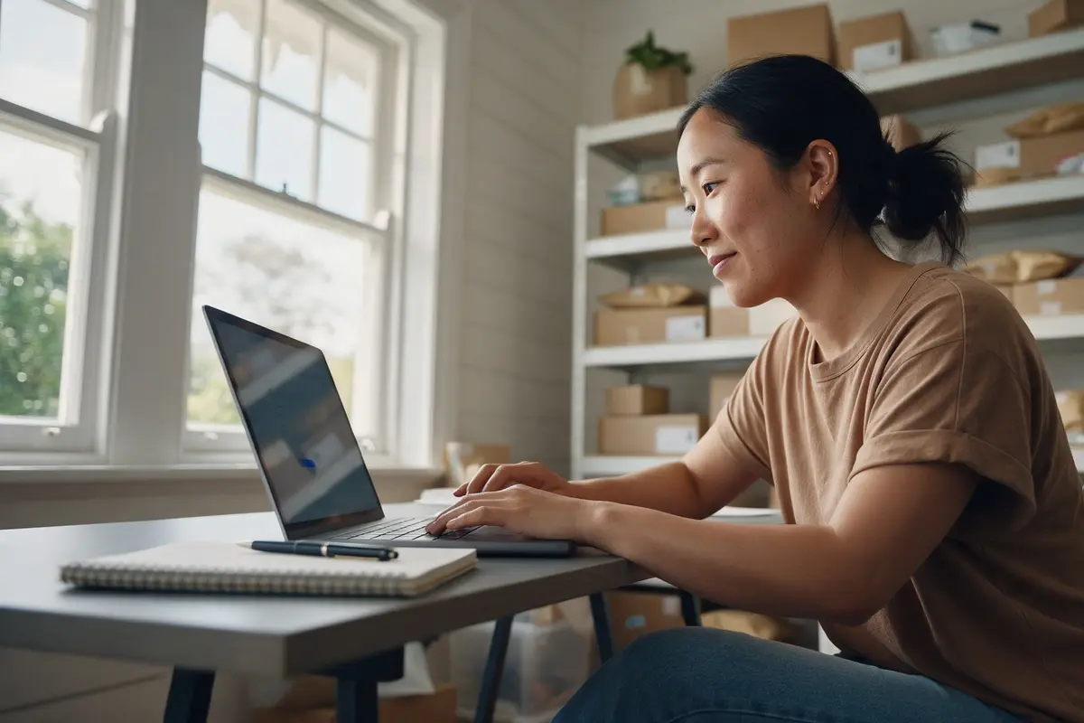 Young Kiwi business owner setting up automatic payments on her laptop in a home office