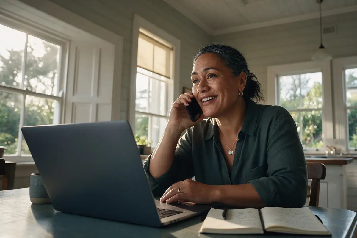 Business owner taking a phone call with a finance specialist at her kitchen table