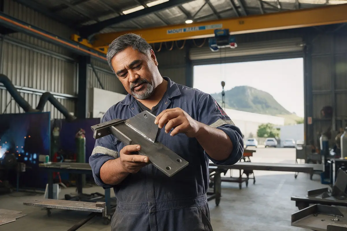 Mount Maunganui engineering workshop owner inspecting a fabricated steel part