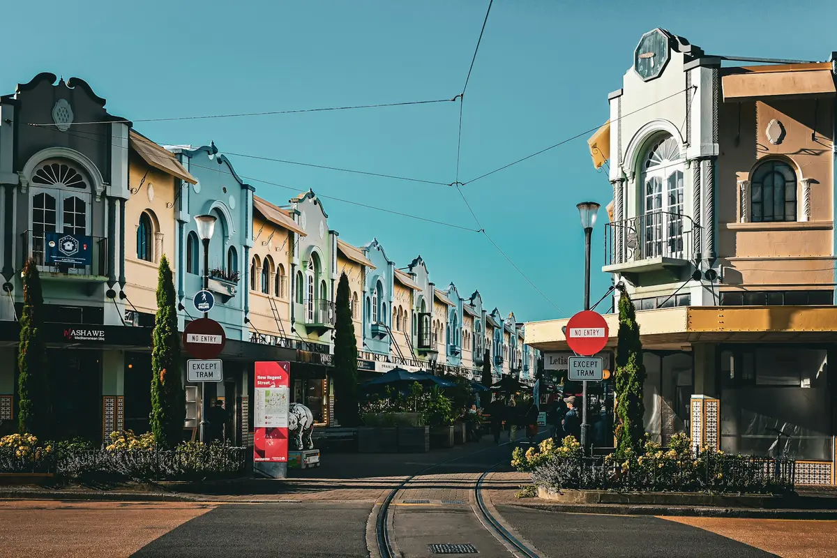 New Regent Street in central Christchurch with its tram track