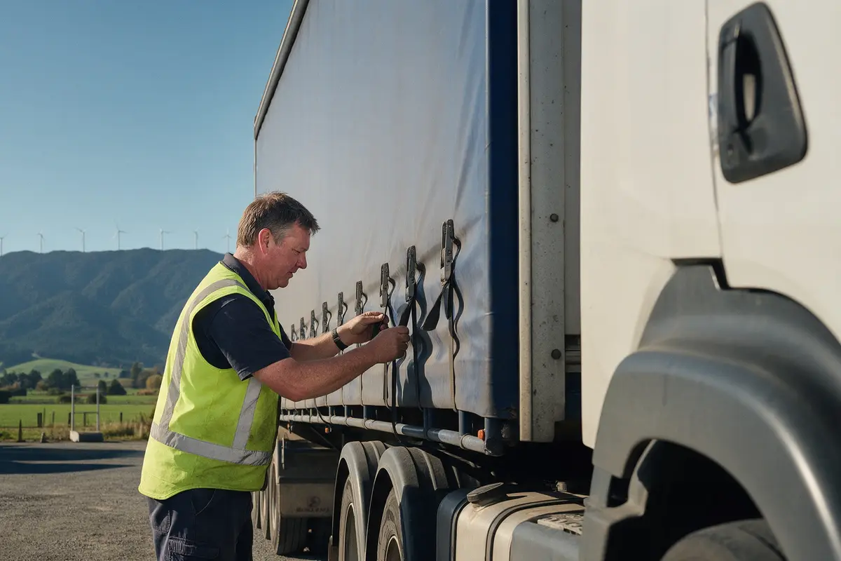 Manawatū freight operator checking a curtain-sider trailer in a truck yard