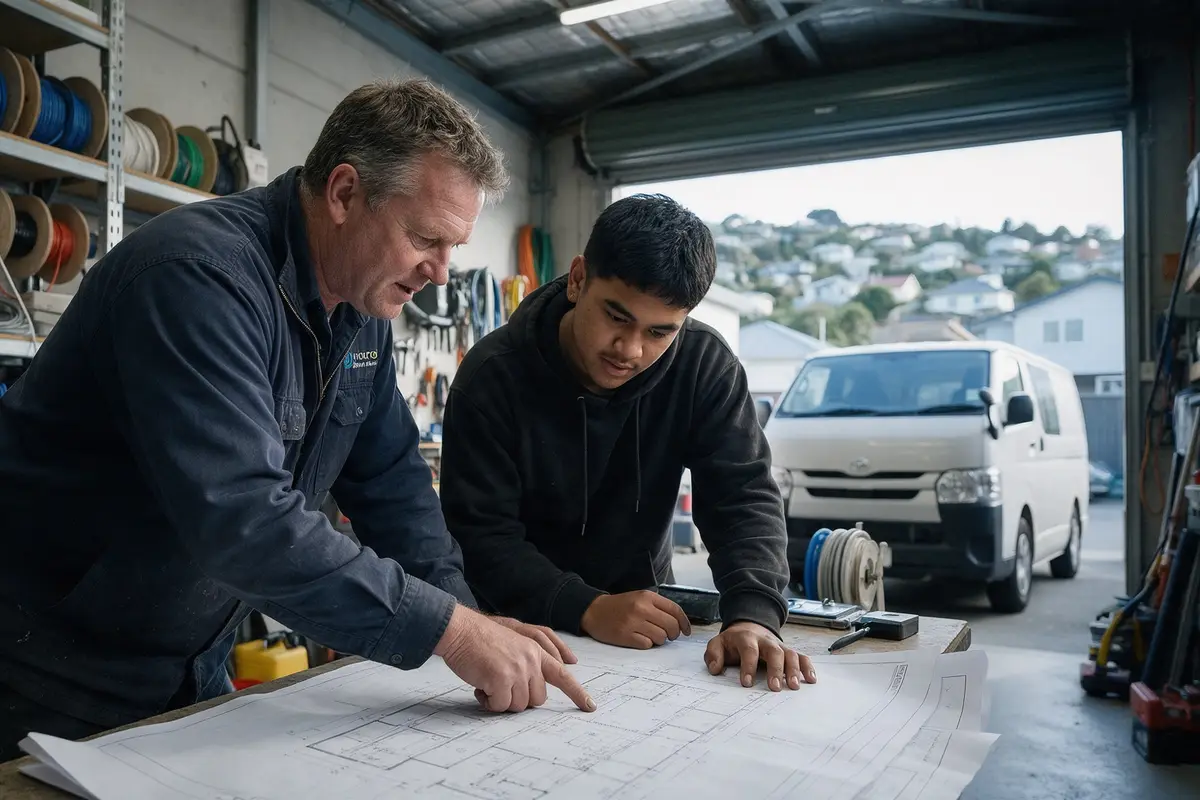 Dunedin electrical subcontractor planning a job with an apprentice in a workshop