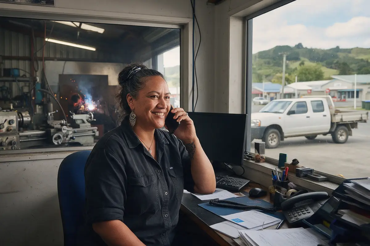 Regional business owner on a phone call in her workshop office
