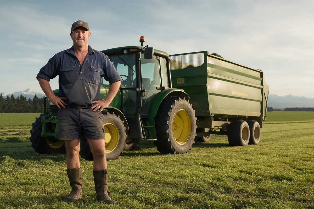 Canterbury agricultural contractor beside a tractor and silage wagon on the plains