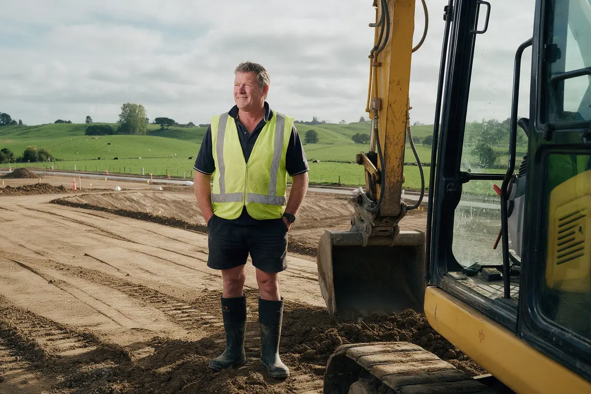 Waikato earthmoving contractor standing beside an excavator on a subdivision site