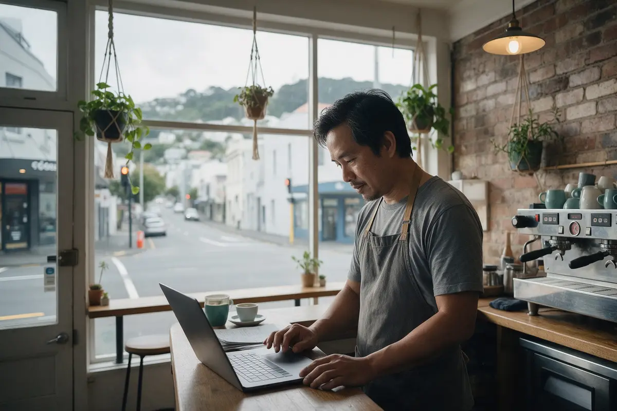 Te Aro café owner reviewing the week's takings at the counter during a quiet afternoon