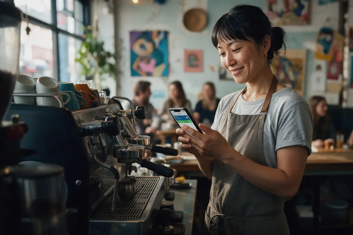 Wellington café owner checking her business account on a phone behind the counter