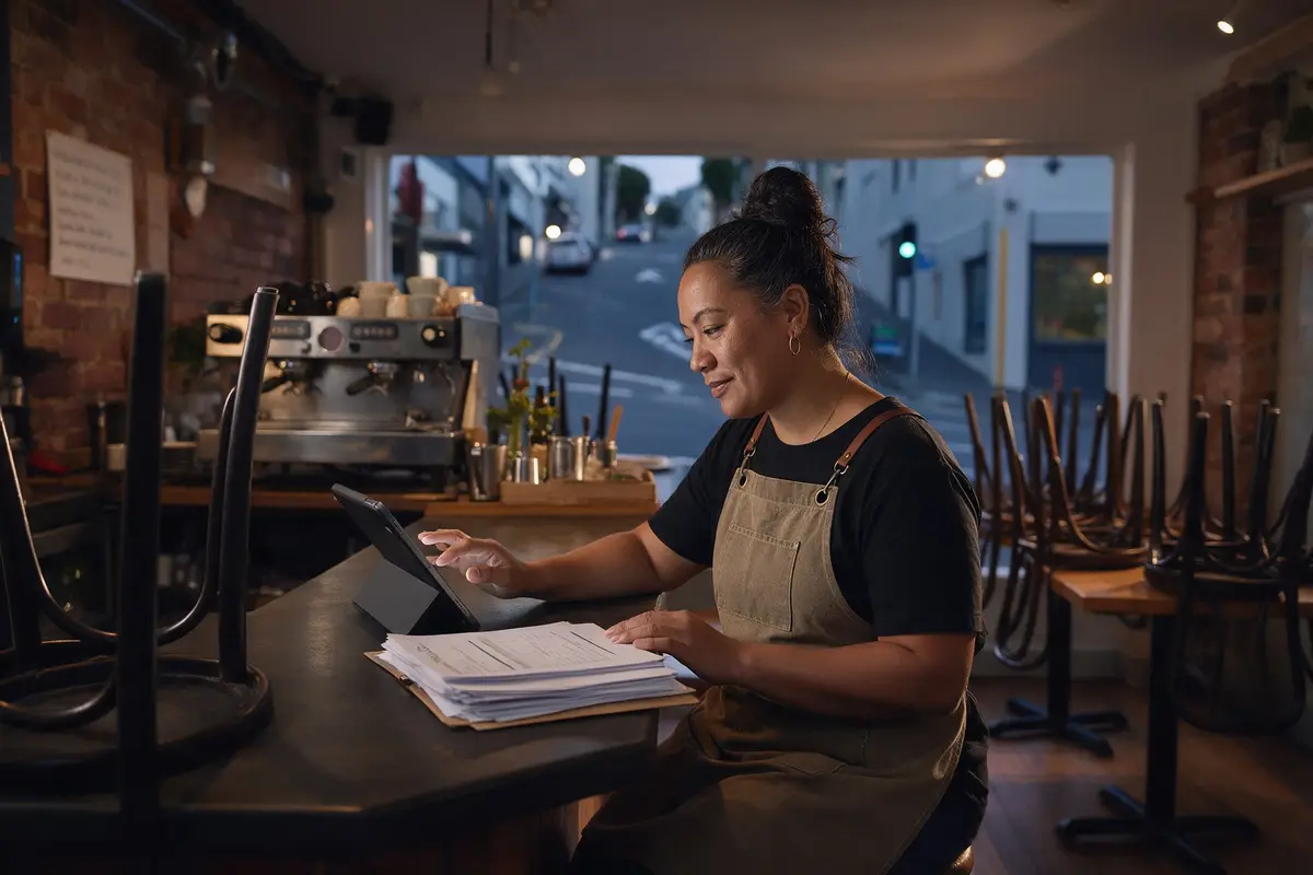 Wellington café owner ticking off a business loan application checklist on a tablet after closing