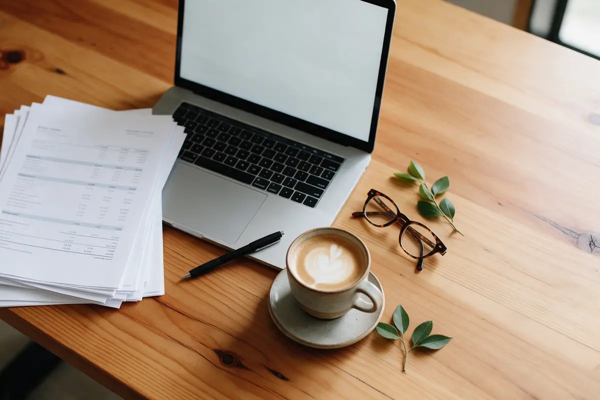 Flat lay of business loan application documents, a laptop, a pen and a coffee cup