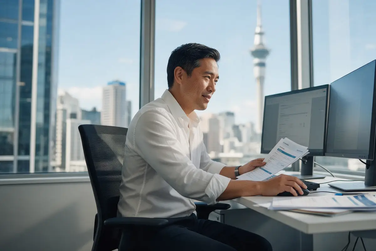 Finance specialist in an Auckland office reviewing a business loan application on two screens