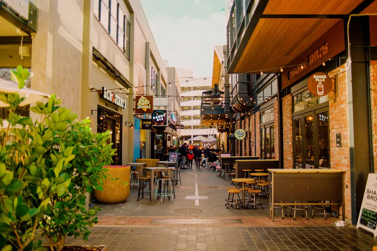 Footpath café tables on a city street in Wellington