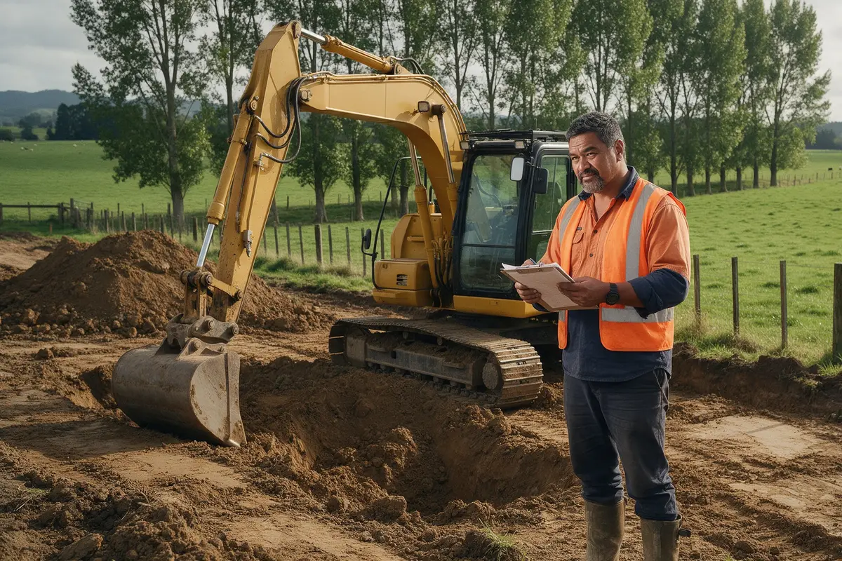 Waikato earthmoving contractor standing beside an excavator on a rural Hamilton worksite, reviewing paperwork