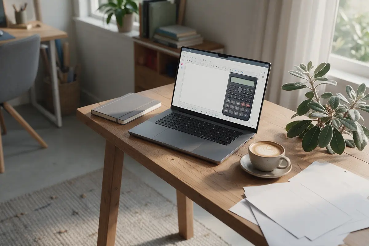 Business owner running loan repayment numbers on a laptop with a coffee