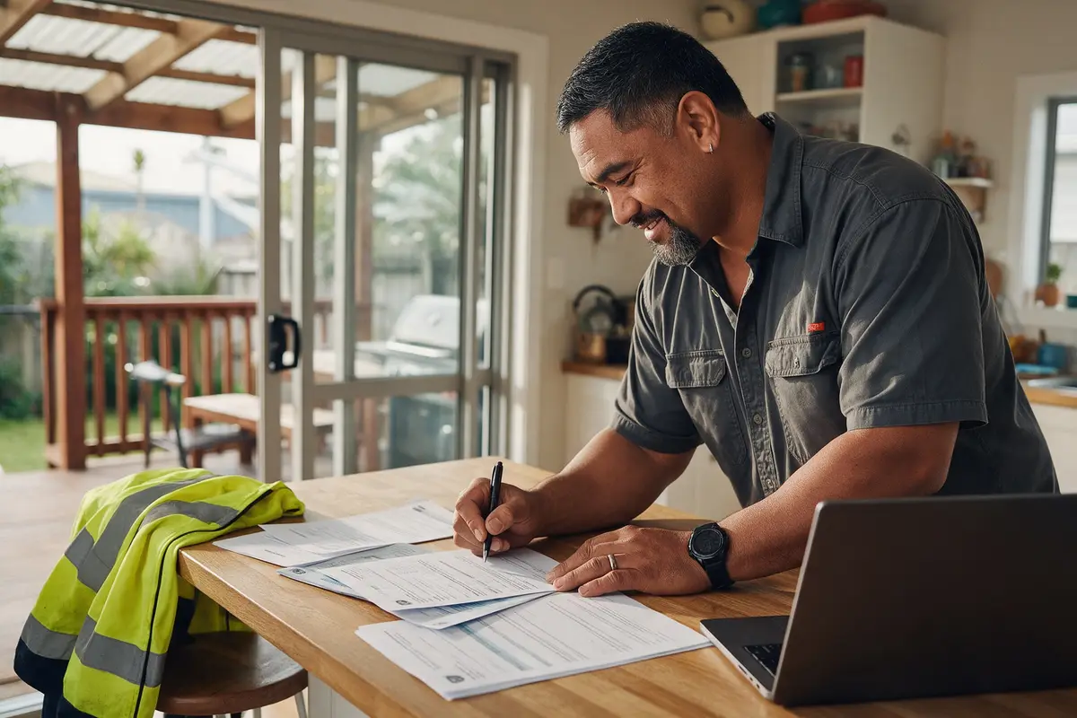 New Zealand tradie signing business finance documents at a kitchen bench