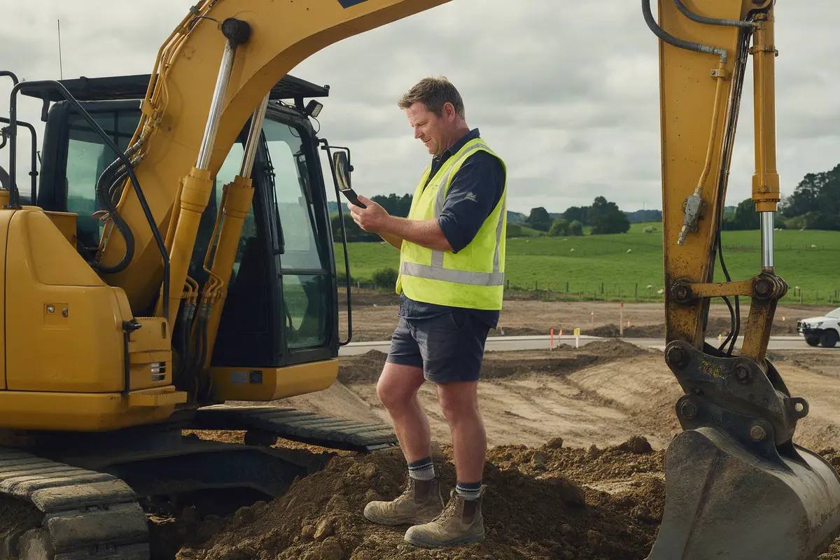 Waikato earthmoving contractor beside an excavator on a Hamilton subdivision site checking his phone