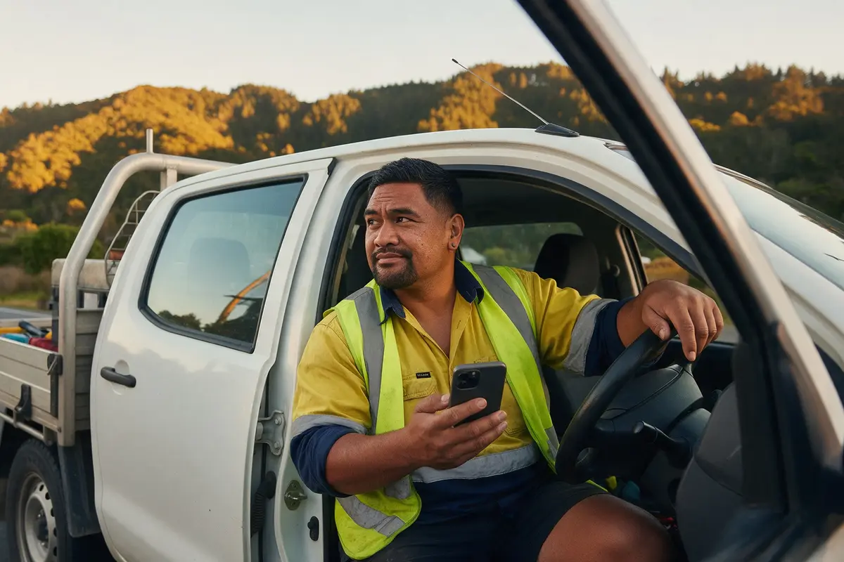 Nelson tradie planning his business finance on a phone while sitting in his ute
