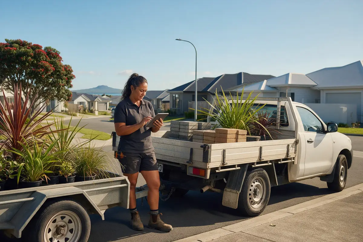 Tauranga landscaping business owner checking loan requirements on a tablet beside a work trailer