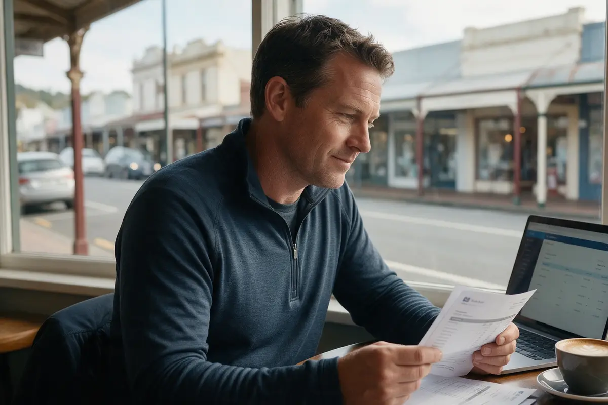 Small business owner reviewing bank statements and IRD account details at a café table