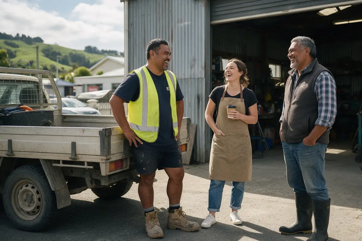 New Zealand business owners from different industries, a builder, café owner and farmer, standing together outside a workshop