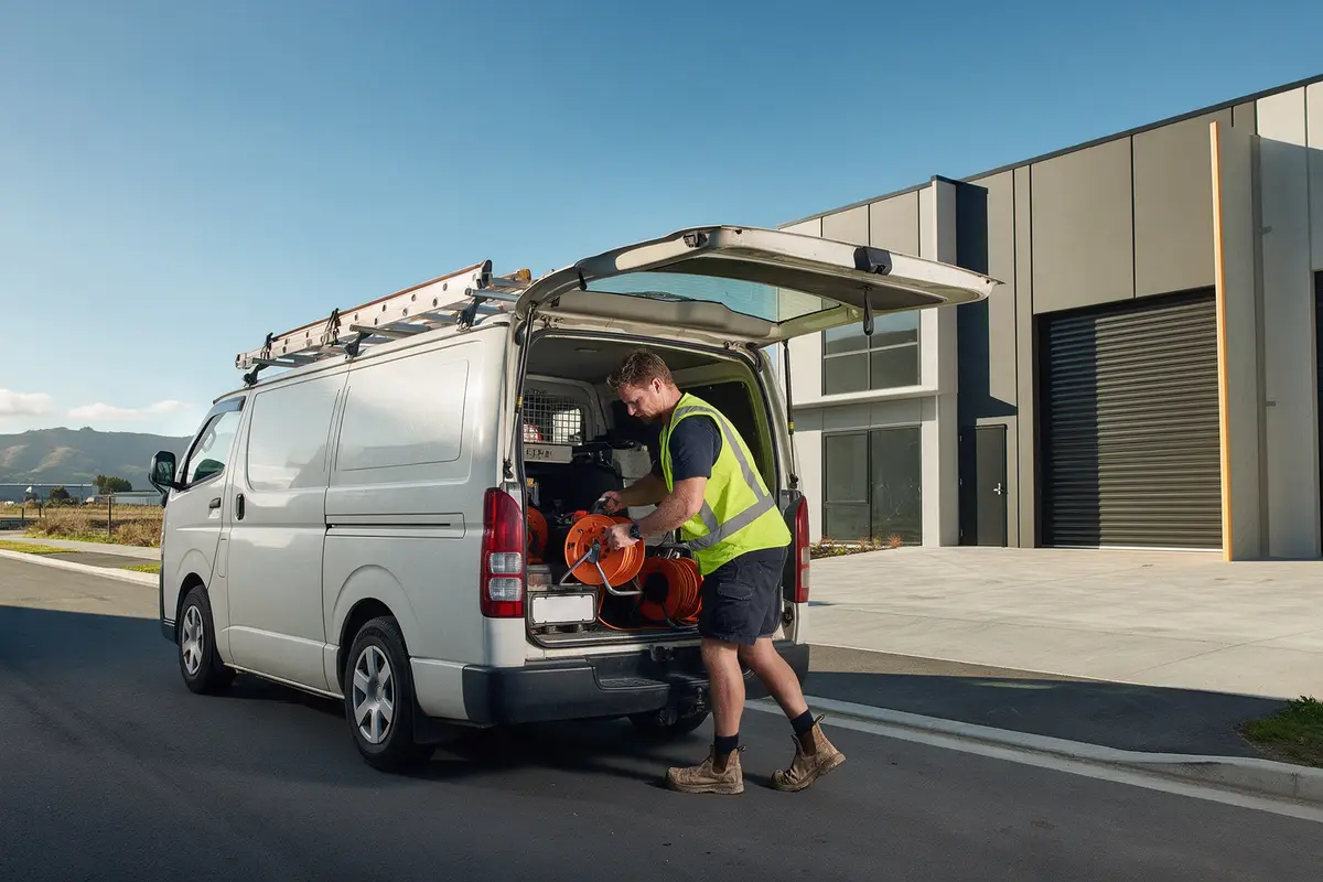 Wigram electrical contractor loading cable reels into a work van