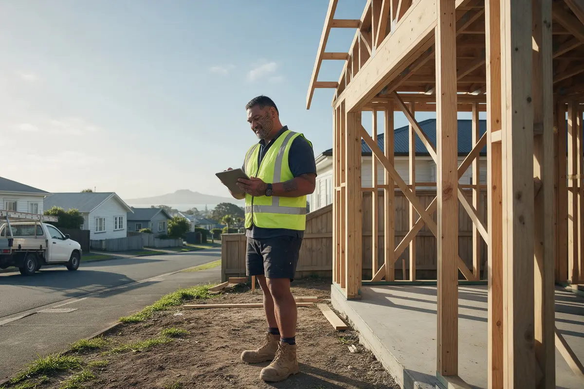 New Zealand builder in hi-vis checking plans on a timber-framed house site in Tauranga