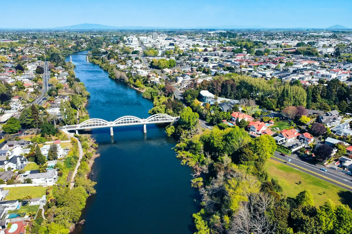 Drone view of the Waikato River running through Hamilton