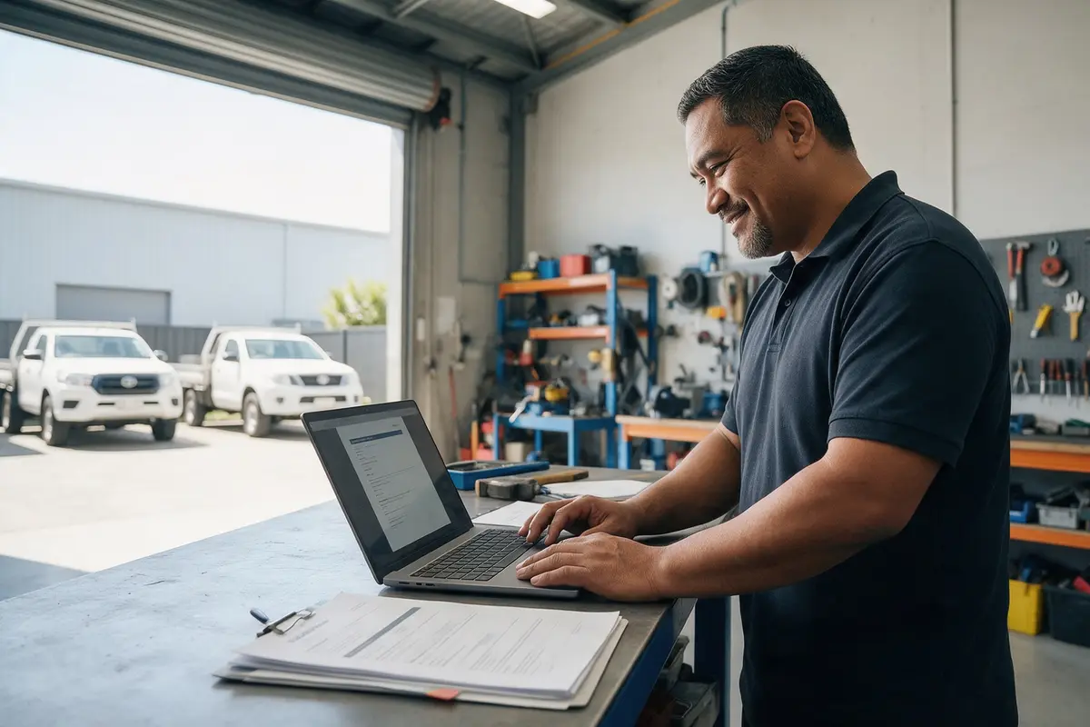 Auckland business owner reviewing a business loan application on a laptop in a light industrial workshop